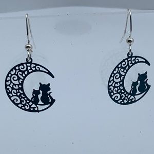NWT. Handmade Earrings with Two Cats Sitting on a Swirly Crescent Moon in Blue!